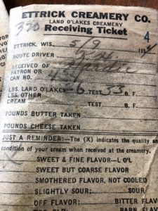 A ticket showing the pickup of sweet cream from the farm.